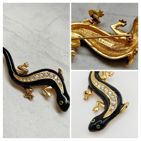 Avon Black Enamel Gold tone Lizard Salamander Brooch Clear Green Rhinestones Pin - Picture 1 of 9